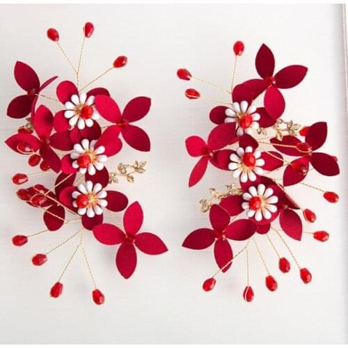 1Set Fashion Red Crystal Beads Flower Girls Hair Clips Wedding Hair Jewelry Bridal Hairwear Handmade Flower Hair clip For Bride
