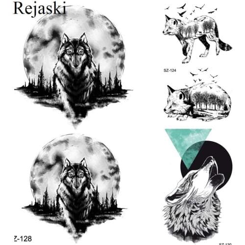 3D Fierce Small Wolf Tattoo Stickers Women Geometric Black Fox Birds Arm Temporary Tattoo Men Midnight Moon Fake Forest Tatoos