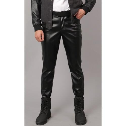 Male Fashion Pu Leather Trousers Punk Cosplay Dance Pants Spring Autumn Men Leather Pants Slim Fit Elastic Style