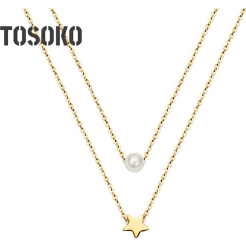 TOSOKO Stainless Steel Jewelry Star Pendant Imitation Pearl Necklace Double Layered Fashion Female Clavicle Chain BSP001