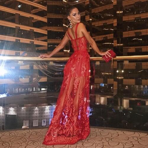 Elegant Red Long Lace Dress New Arrival Fashion Show Spaghetti Strap Bodycon Maxi Christmas Party Vestido Casual Dress Wholesale