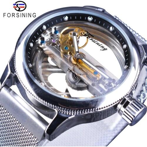 Forsining Transparent Open Work Steel Mesh Band Skeleton Mens Creative Watches Top Brand Luxury Automatic Fashion Wristwatch