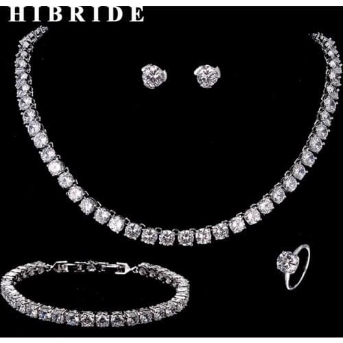 HIBRIDE Clear Round Crystal CZ Stone Around Necklace/Ring/Bracelet/Earring Sets Women Wedding Bridal Jewelry Set N-208