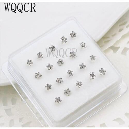 20 PCS/1 Box 925 Sterling Silver Nose Stud Nose Ring Body Puncture Jewelry Flower Crystal Nose Nail Puncture Needle