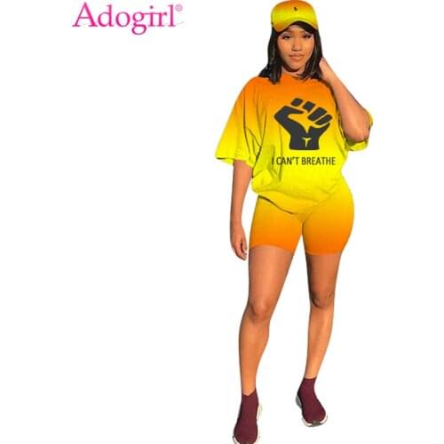 Adogirl Letter Print Changing Color Suit Women Fashion Casual Two Piece Set Tracksuit Short Sleeve T Shirt Top Shorts Sportswear