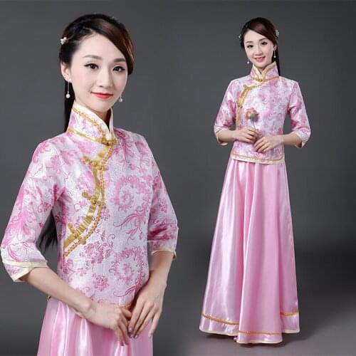 Tang Suit Formal Chinese Style Ancient Costume Women Female GuZheng Performance Dance Two Piece Outfit Tops Skirt Wedding Party