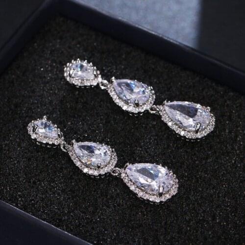 Fashion Long Three Water Drop Zircon Female Earrings Luxury Shine Dangle Earrings Wedding Gifts For Guests Trendy Women Jewelry