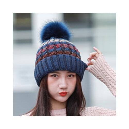 Girls Fashion Cap Collar Suit Woman Knit Beanie Hat and Scarf Hairball Pom Pom Hats Female Thick Hat Winter Warm Cute