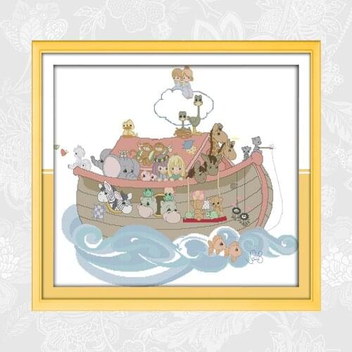 Noahs ark Cross Stitch Cartoon Pattern Counted 14CT 11CT Printed Canvas Cross-stitch kits DIY Handmade Embroidery Sets