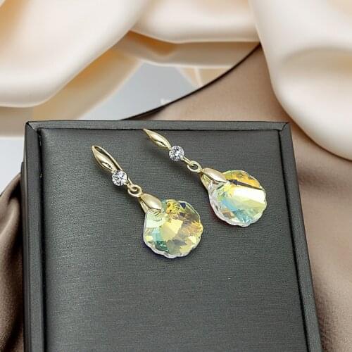Origin Summer Cute Shell Shape Clear Shiny Crystal Pendant Earrings for Women Girls Gold Color Long Hanging Earrings Jewelry