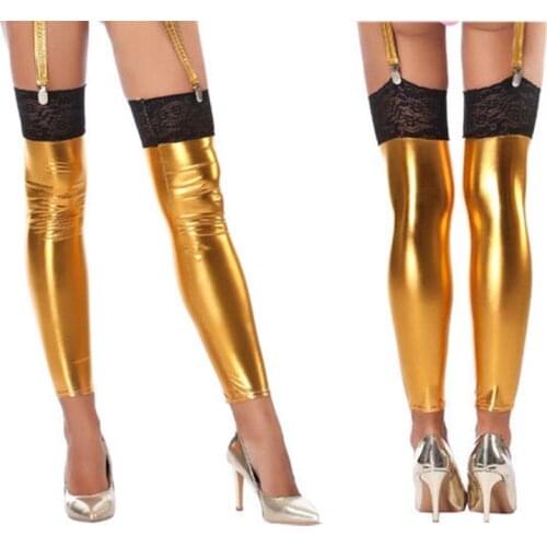 Sexy Women Foil Shiny Footless Thigh High Stockings Lace Top Leg Wraps Stretch Tights Rave Dance Wear