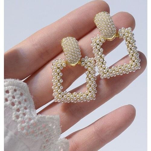 Luxury Pearl Beads Square Stud Earrings for Women Japanese&Korea New Style 14K Gold Plated Earrings