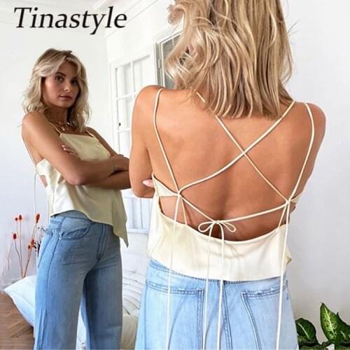 Tinastyle Backlkess Lace Up Sexy Bustier Crop Top Women Sleeveless Strapless Cropped Tank Top Streetwear Casual Corset Top Black