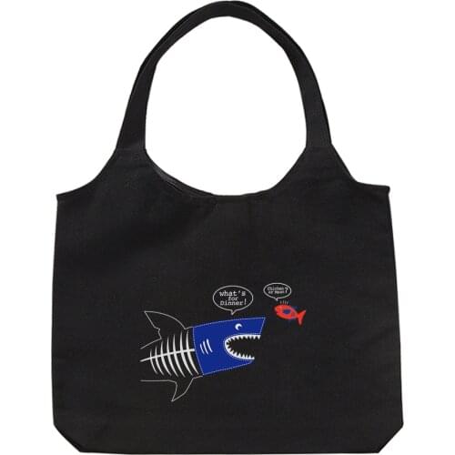 Unisex Shopper Bags Female College Canvas Shoulder Bag Fashion Casual Cartoon Shark Printed Large Capacity White Totes Bags