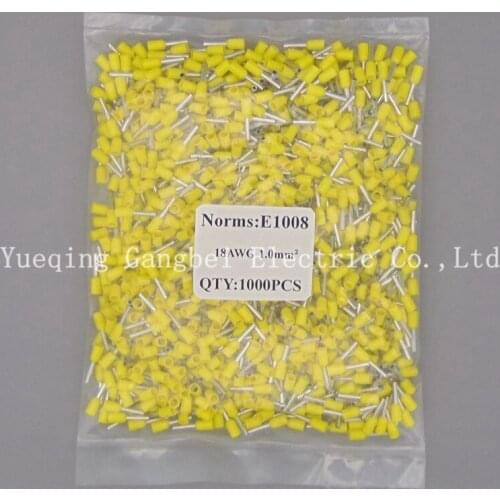 Yellow E1008 Wire Copper Crimp Connector Insulated Cord Pin End crimp Terminal 18AWG 1mm