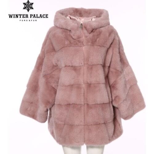 WINTER PALACE 2019 New Winter Womens Mink Coat Bat Jacket Fur Coat Zipper Fashion Hood Real Fur Coat