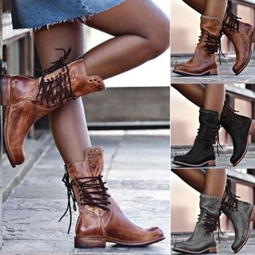Women Leather Mid Calf Boots Retro Punk Lace-Up Low Heels Autumn Winter Motorcycle Boots Vintage Round Toe Cowboy Western Boots