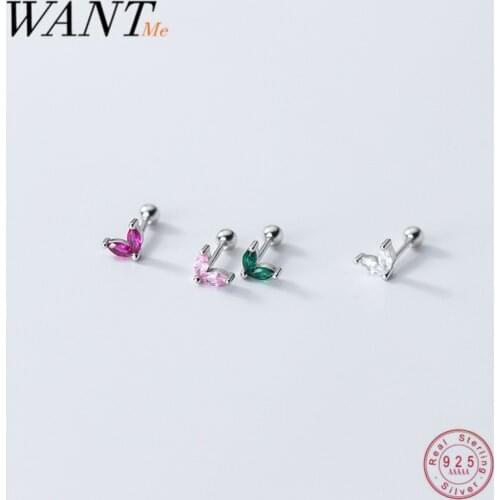 WANTME 925 Sterling Silver Simple Color Zircon Cute Leaf Mini Small Stud Earrings for Women Spiral Beads Body Piercing Jewelry