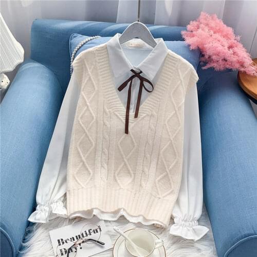 Women 2021 Autumn New Two-Piece Set Fashion Women Long Sleeve White Shirt Top + Casual Loose Knitted Sweater Vest Suits Q850