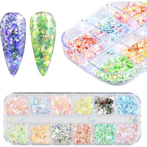 12 Grids Mixed Butterfly Nail Glitter Mirror Sugar Sequin Powder for UV Gel Flakes Manicure Tips Nail Art Mermaid Pigment