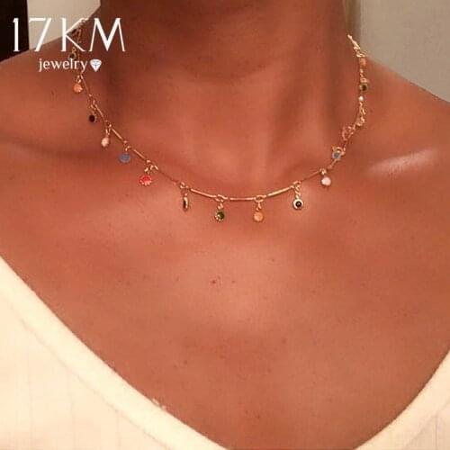 17KM Vintage Gold Stone Beads Choker Collar Necklace For Women Bohemian Red Blue Stone Pendant Necklaces Handmade Jewelry