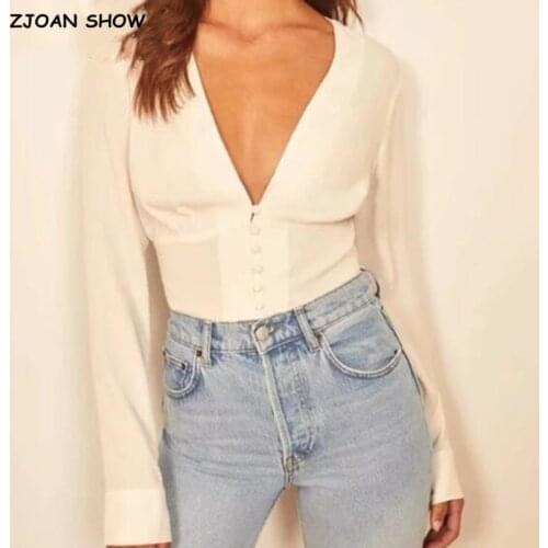 2021 France Retro V neck Long Sleeve White Shirt Women Single-breasted buttons Slim Waist Short Blouse Girls Tops