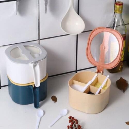 4 Grids Kitchen Seasoning Box Acrylic Spice Storage Condiment Jars Spoons