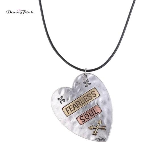 Banny Pink Belief Fearless Soul Powerful Pendant Necklace For Women large Alloy Heart Dangle Necklace Black Rope Sweater Chain