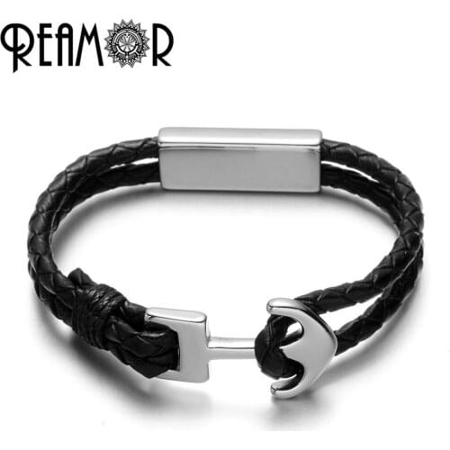REAMOR Genuine Leather Anchor Bracelet 316L Stainless Steel Bead Bracelets Anchor Connector Charms Bangles&Bracelets Men Jewelry