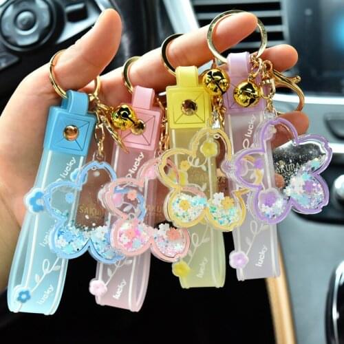 Cartoon Quicksand Cherry Blossom Keychain Acrylic Transparent Flowers Into The Oil Drifting Bottle Bag Pendant Small Jewelry