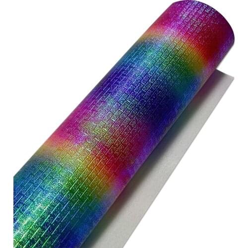 Geometric Pattern Rainbow Iridescent Design PU Embossed Leather Holographic Waterproof Mirror Reflective Fabric For Bag/Handbag