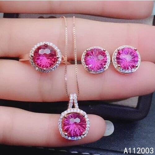 KJJEAXCMY Fine Jewelry 925 sterling silver inlaid natural pink topaz female ring pendant earring set luxury supports test