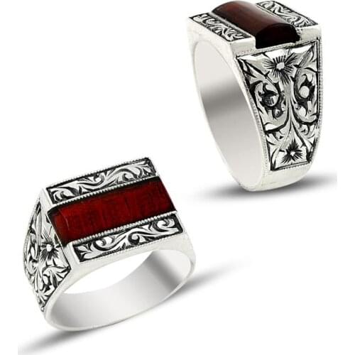 Handmade Silver Red Amber Gemstone Ring Vintage Men Accessory Ottoman Style Ring 925K Silver Turkish Jewelery Men Gifts