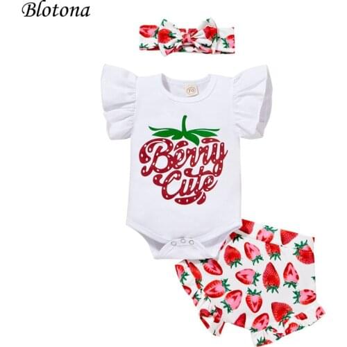Blotona Newborn Baby Girls Clothes Set, Letter Print Flying Sleeve Romper+Strawberry Print Shorts+Bow-knot Headband, 0-24Months