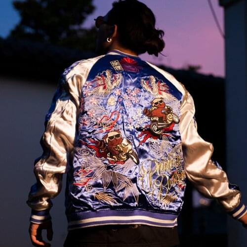 Men Boys Phoenix Sakura Dragon Embroidered Heavy Work Sukajan Souvenir Jacket Coats Streetwear High Street Long Sleeve Fashion L