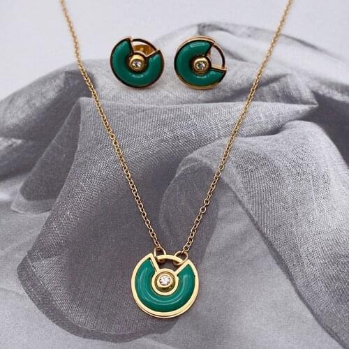Lanyika Simple stainless steel necklace and earrings female jewelry set with fan-shaped semi-precious stones fashion jewelry