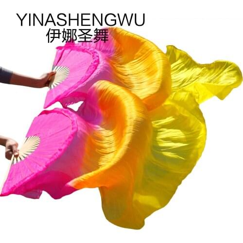New Arrivals Stage Performance Dance Fans 100% Silk Veils Colored Women Belly Dance Fan Veils (2pcs) rose+orange+yellow