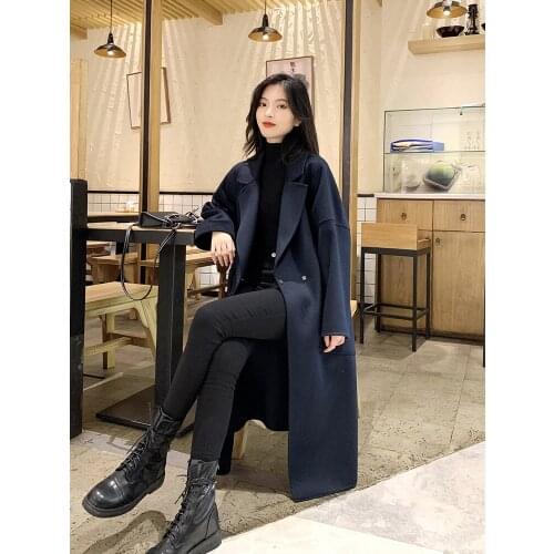 High end double-sided cashmere coat womens Korean version 2021 autumn winter new style temperament over the knee loose thin
