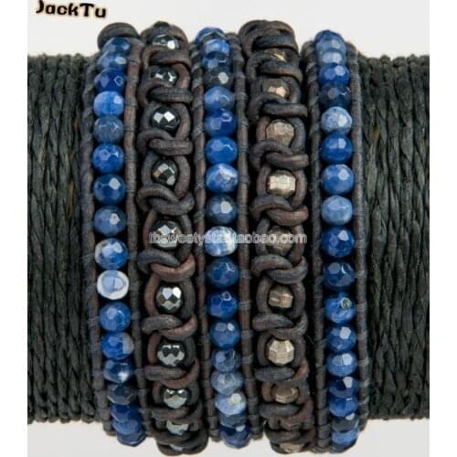 Pyrite hematite beads mixed thread wrap bracelet on coffee leather