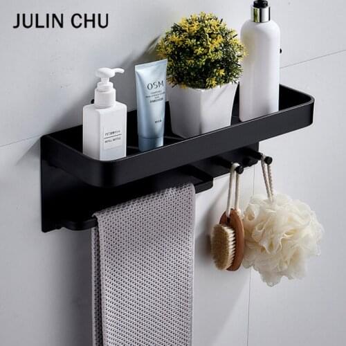 Space Aluminium Bathroom Shelf with Hook Black Kitchen Bathroom Soap Shampoo Storage Rack Organization Towel Holder Wall Mounted