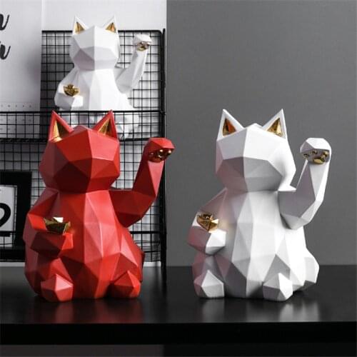 Lucky Cat Statue Nordic Geometric Animal Statues Home Decoration Home Figurine Creative Fortune Charm Good Health Sculpture