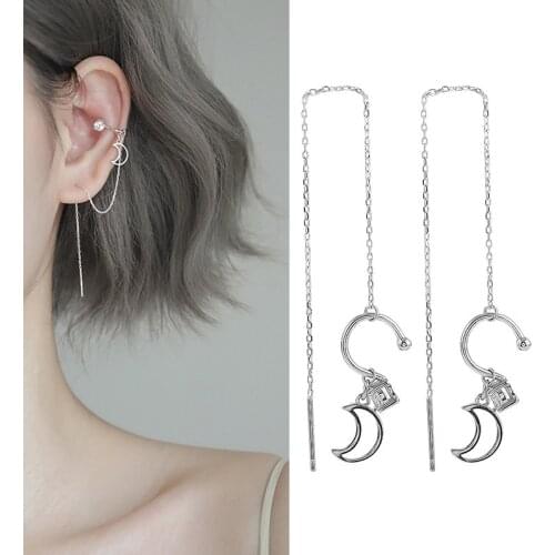 1 Pair Silver Color Moon Drop Earrings For Women Ear Clip Long Tassel Zircon Ear Cuff Earring Ear Line Fashion Female Jewelry