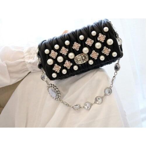 Shoulder Bags Women Diamonds Chain Crossbody Bag 2020 New Elegant Ladies Crystal Packing Flap Pearls Soft Pu Leather Sling Bag
