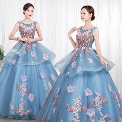 Light blue flower embroidery applique veil long dress medieval Renaissance Victoria dress ball gown