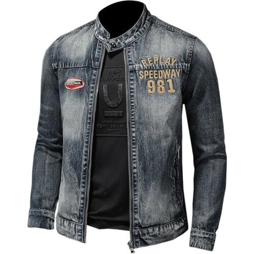 Street Autos Bomber Jacket Coat For Man High Quality Mens Denim Jacket Embroidered Outerwear Clothing Casual Male Denim Coat 4XL