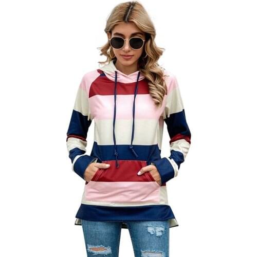 Stripe Drawstring Fashion Pocket Long Sleeve Hoodies Women Casual Loose Streetwear Plus Size Split Fork Korean Hooded Streatwear