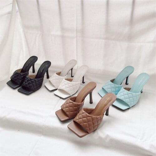 Womens Sandals Block Heel Ladies Shoes Women Slide Black White Vintage Square Toe Slipper Sandals Women Solid Gingham High Heel