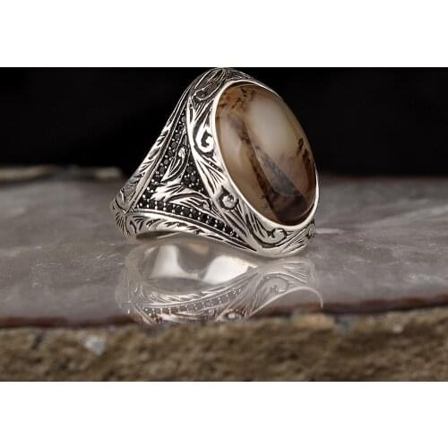 Yemen-Quartz Traditional Turkish Engraved 925 Sterling Silver Handmade Signet Rings Jewelry Gift From Turkey for Women Men