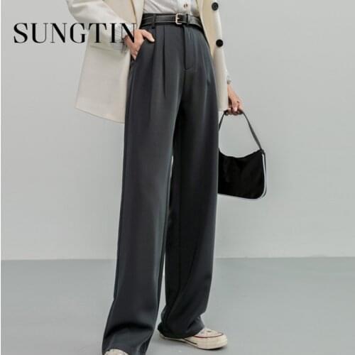 Sungtin Korean Office Lady Blazer Wide Leg Pants Women High Waist Casual Loose Pants Solid Straight Trousers Vintage OL Belt New