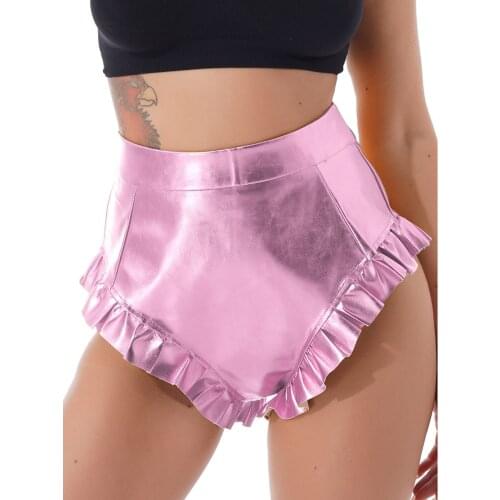 Women High Waist Booty Shorts Chic Ruffle Trim Hot Cross Pants Gothic Streetwear Metallic Shiny Latex Club Rave Pole Dance Wear
